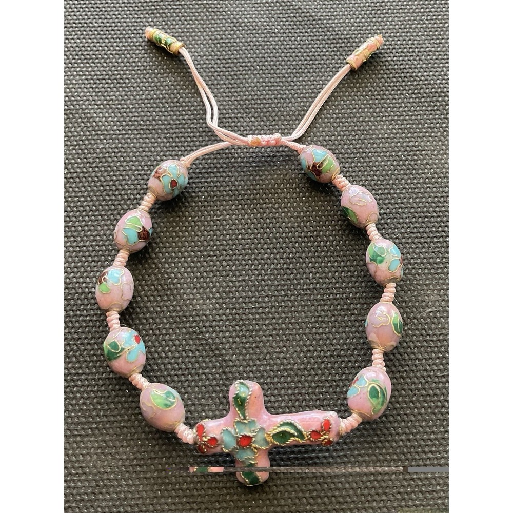 Vintage pink cloisonné enamel rosary bracelet Floral Cross Estate Jewelry